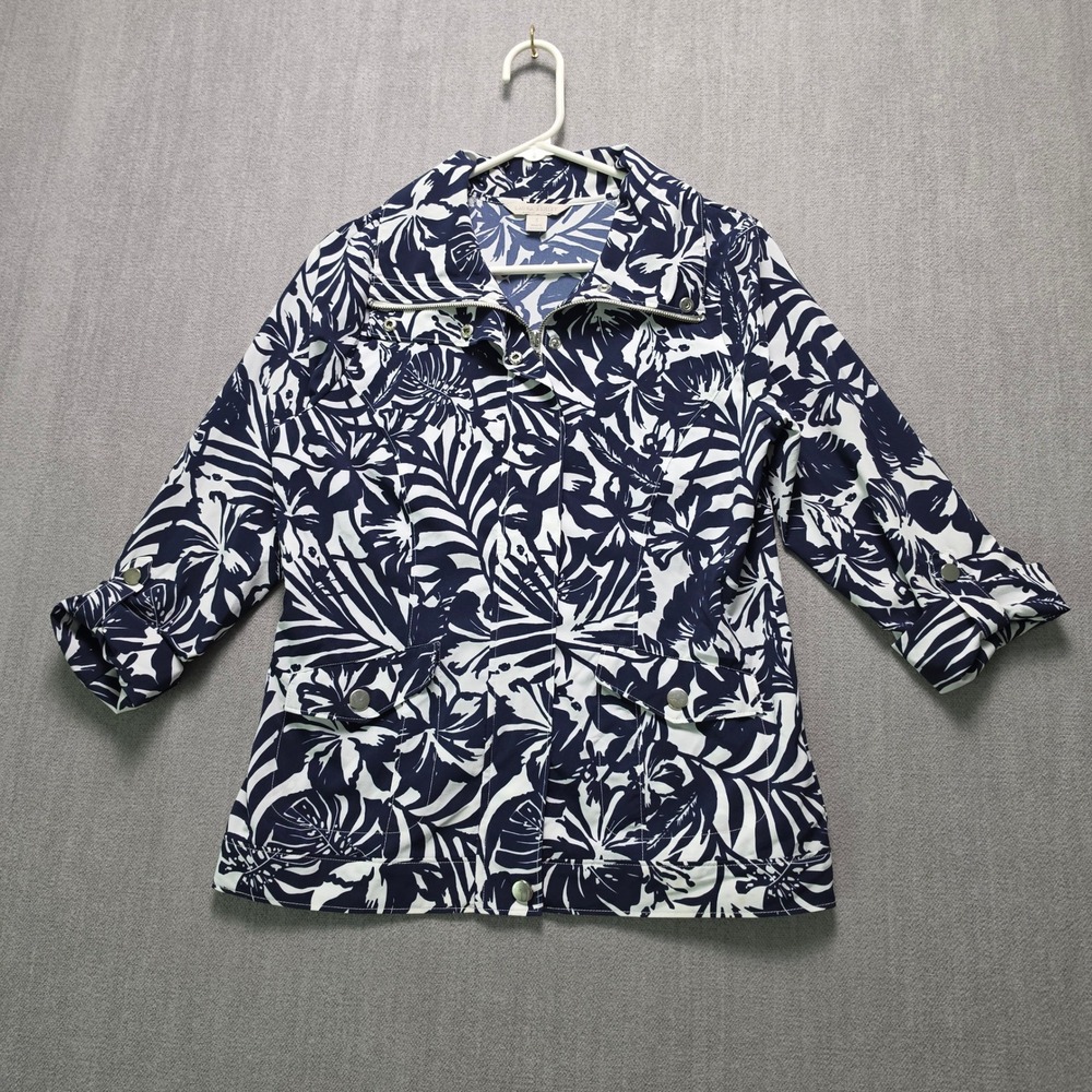 Laura Ashley Utility Jacket Women S Navy White Tropical Leaf Roll Tab Sleeve